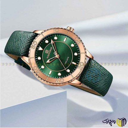 ساعت مچی عقربه ای کوارتز بند چرمی زنانه برند نیوی فورس کد 5020 رنگ سبز زمردی