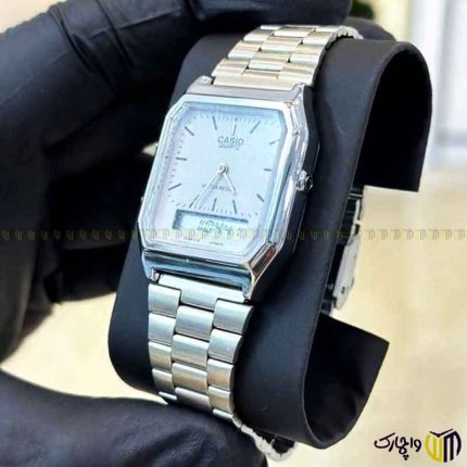 ساعت مچی عقربه ای دیجیتال اسپرت برند کاسیو سری ‏a230‎‏ رنگ نقره ای سفید ‏