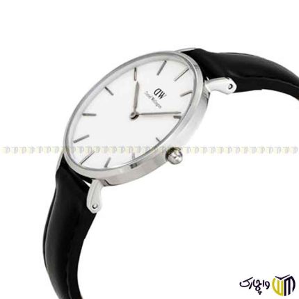 ساعت مچی عقربه ای کوارتز زنانه برند دنیل ویلینگتون گرد چرمی کد 3202 رنگ نقره ای صفحه سفید بند مشکی