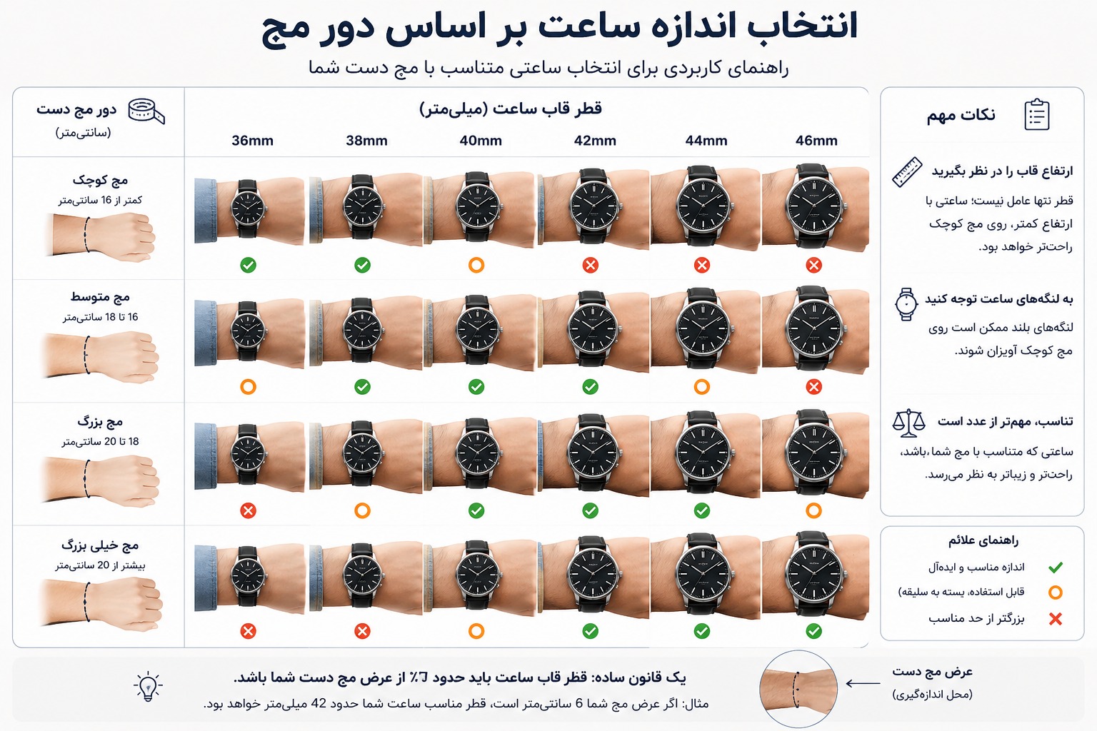 سایز استاندارد ساعت با توجه به اندازه مچ دست